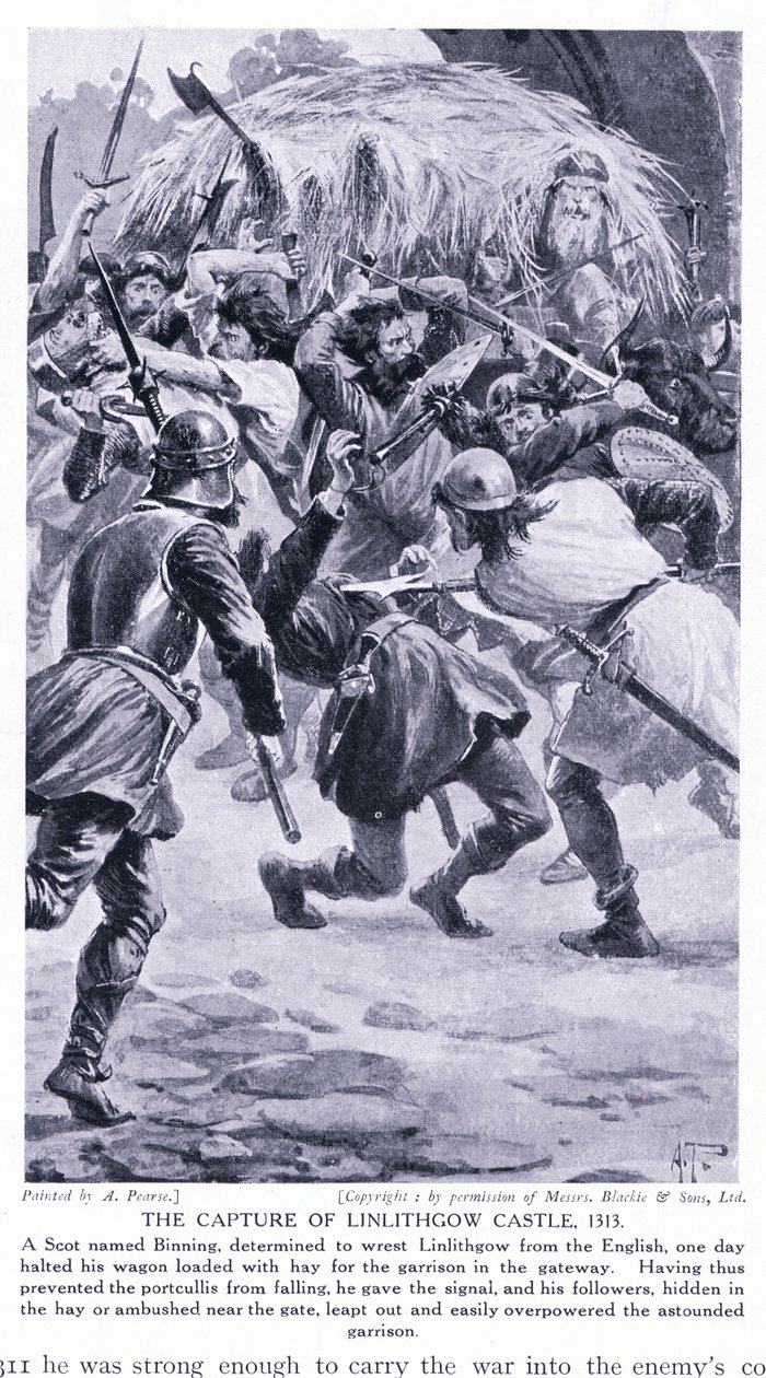 Die Eroberung von Linlithgow Castle AD1313, 1920er Jahre von Alfred Pearse