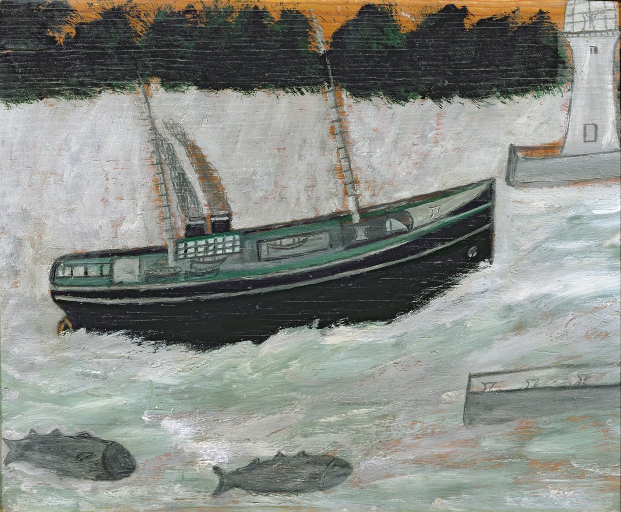 Leuchtturm mit Trawler und Fisch von Alfred Wallis