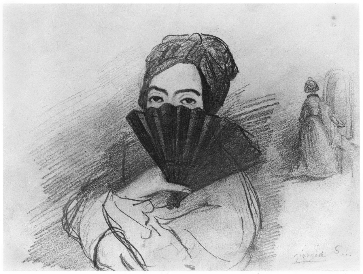 Porträt von George Sand (1804-76) hinter ihrem Fächer von Alfred de Musset