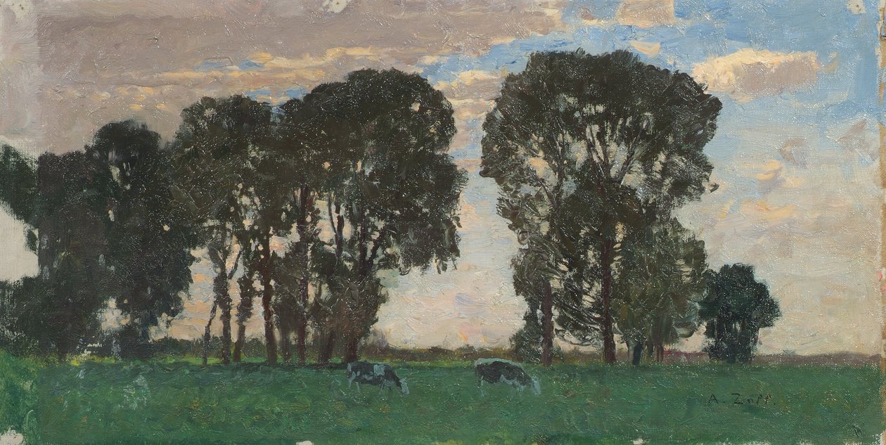 Langenpreising, Viehweide mit großen Bäumen von Alfred Zoff