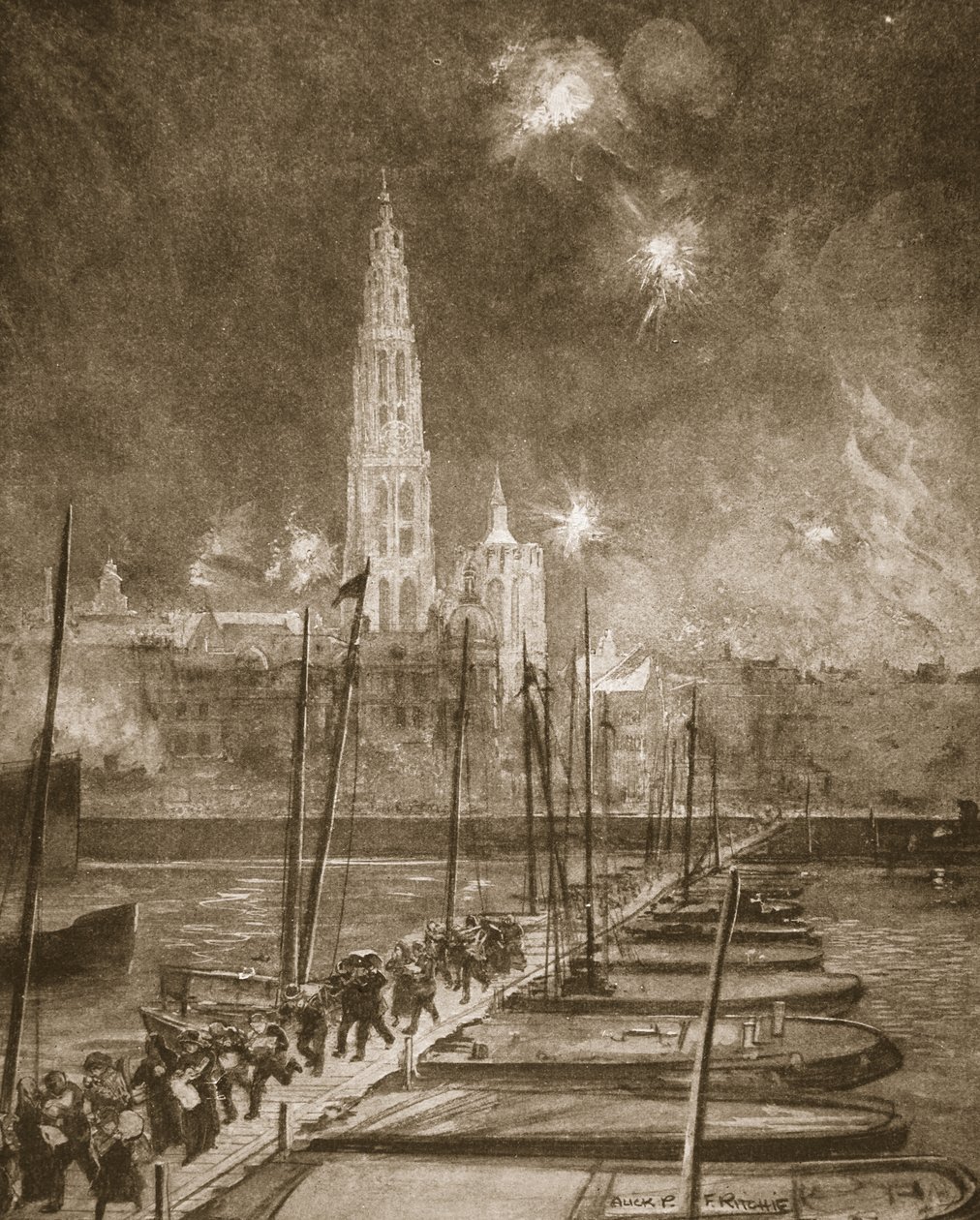 Flüchtlinge aus Antwerpen überqueren die Pontonbrücke über die Schelde von Alick P. F. Ritchie