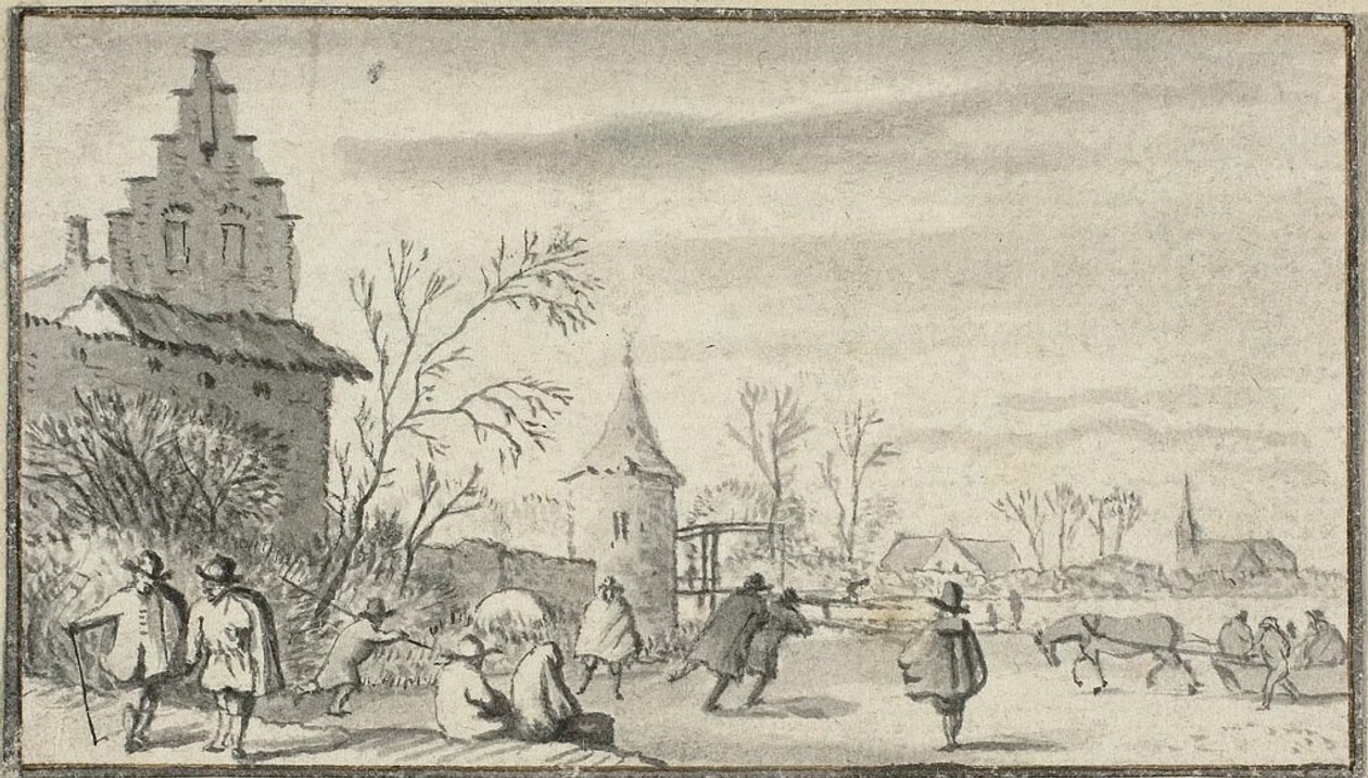 Schlittschuhläufer auf einem Teich außerhalb der Stadt von Allaert van Everdingen