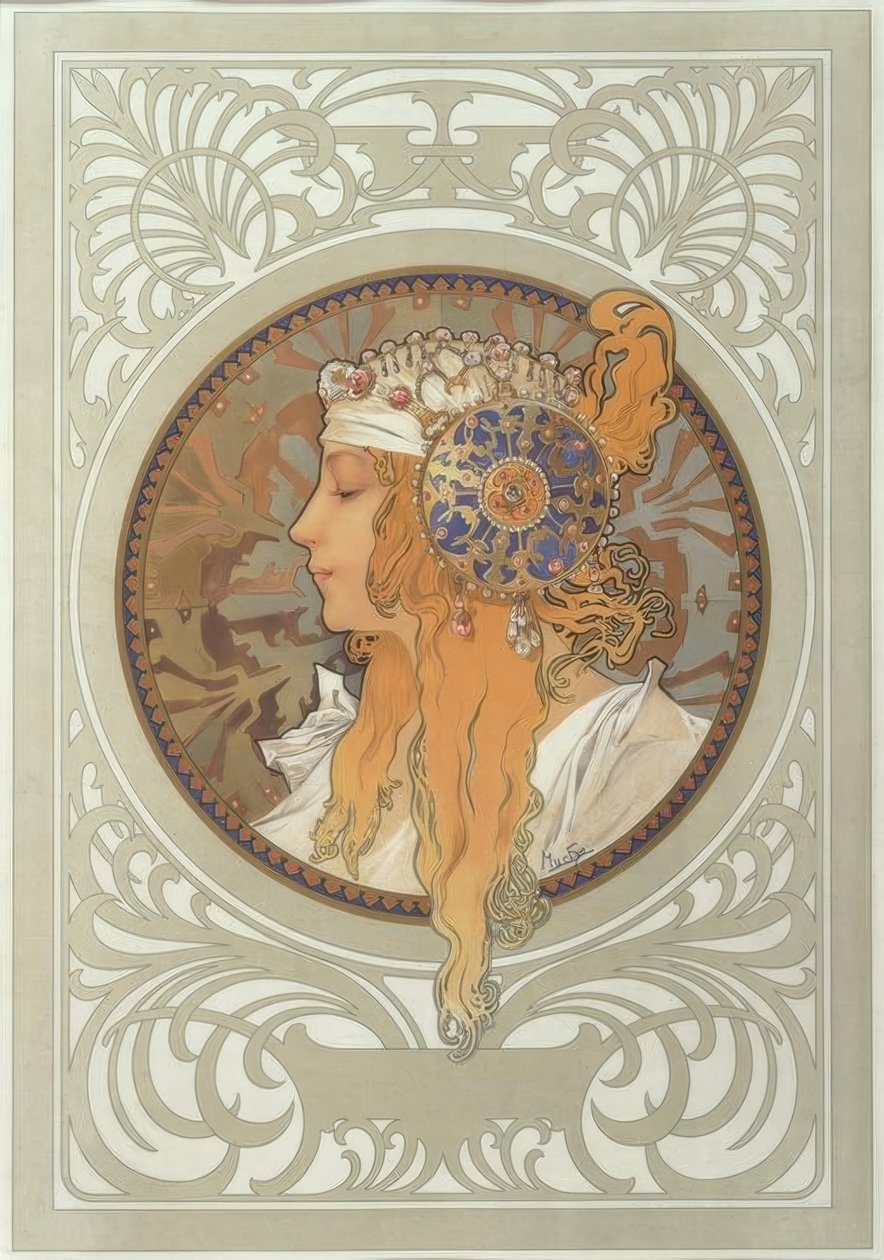 Byzantinischer Kopf: Blondine von Alphonse Mucha