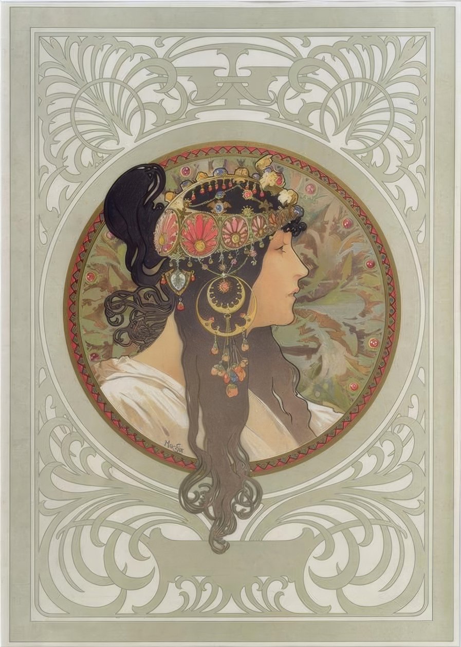 Byzantinischer Kopf: Brünette von Alphonse Mucha