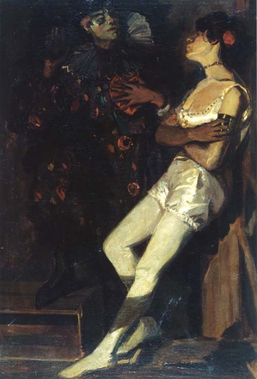 Stehende Artistin und Pierrot in einem abgedunkelten Raum von Amandus Faure