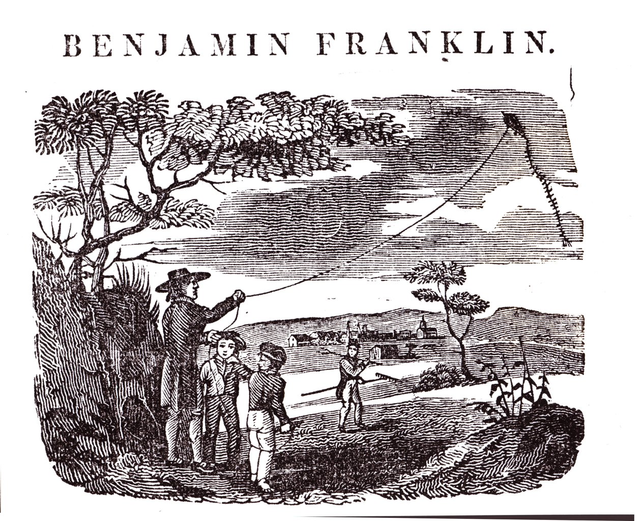 Benjamin Franklin (1706-90) führt sein Drachenexperiment durch von American School