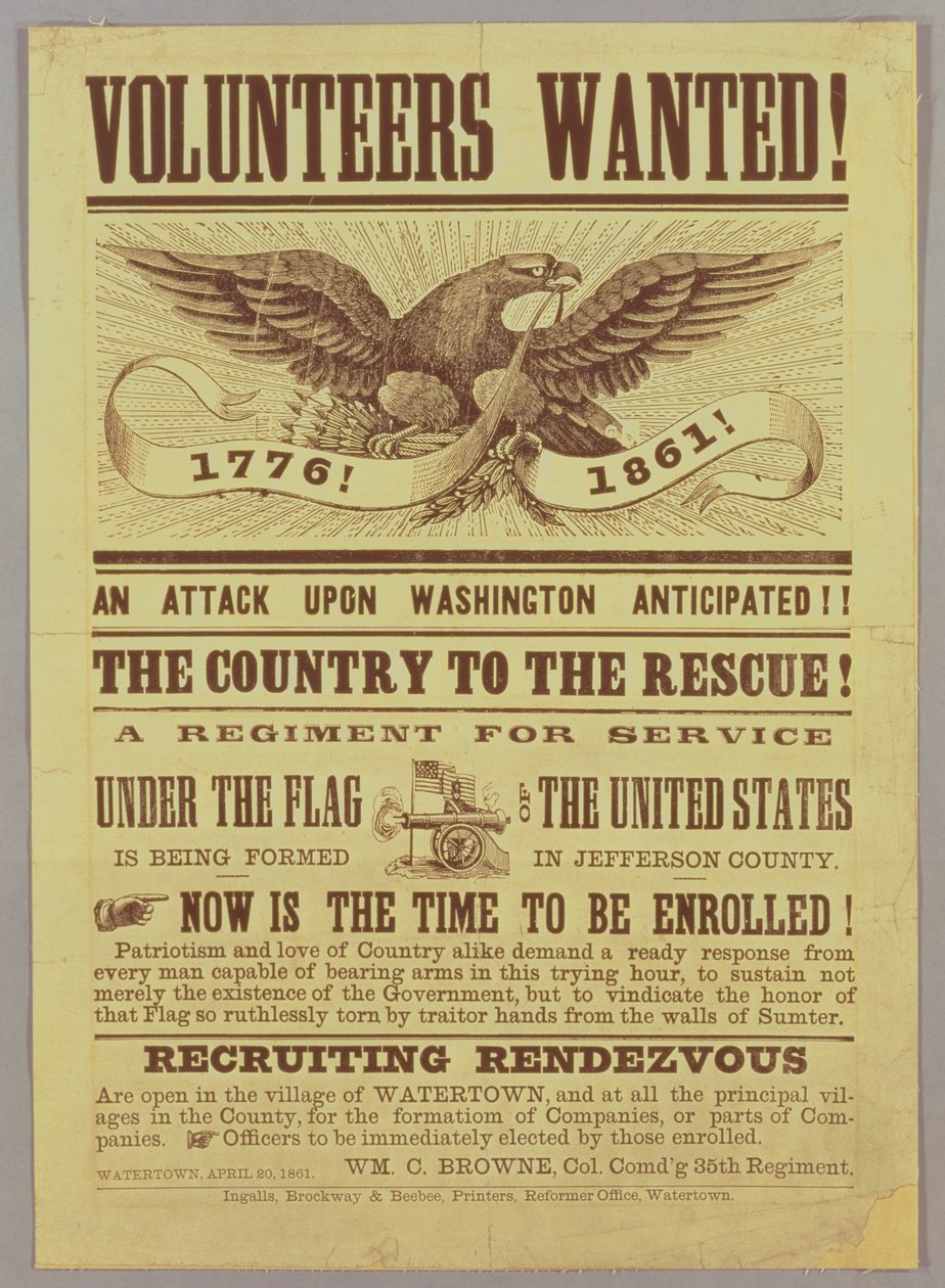 Rekrutierungsplakat des Bürgerkriegs, 1861 (Druck) von American School