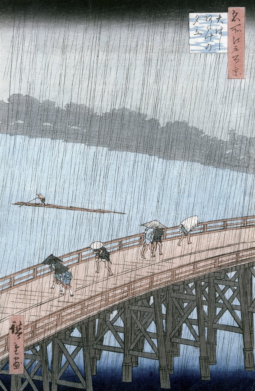 Plötzlicher Regenschauer über der Shin-Ohashi-Brücke und Atake, aus der Serie 