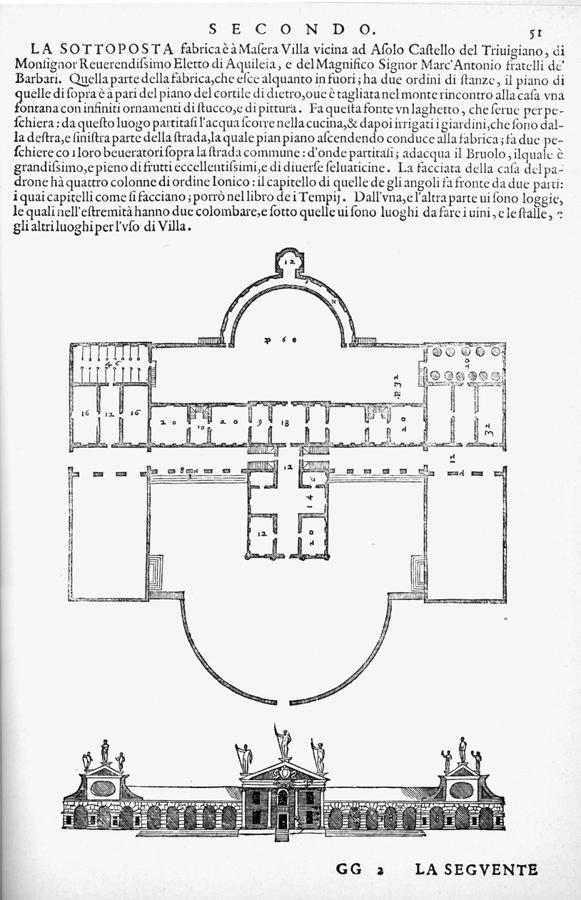 Plan und Aufriss der Villa Barbaro, Maser, Illustration aus einer Faksimile-Ausgabe von 