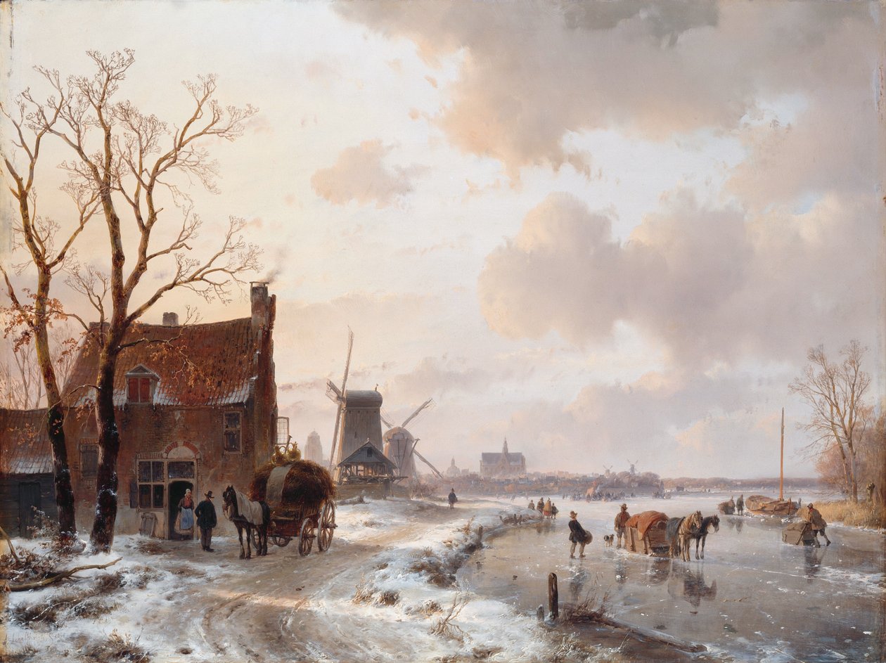 Winterlandschaft mit Pferden auf dem Eis von Andreas Schelfhout
