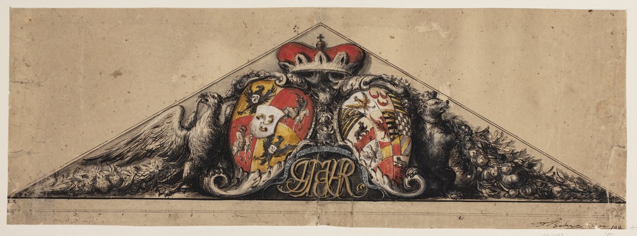Heraldischer Entwurf in einem Dreiecksgiebel von Andreas Bodan II