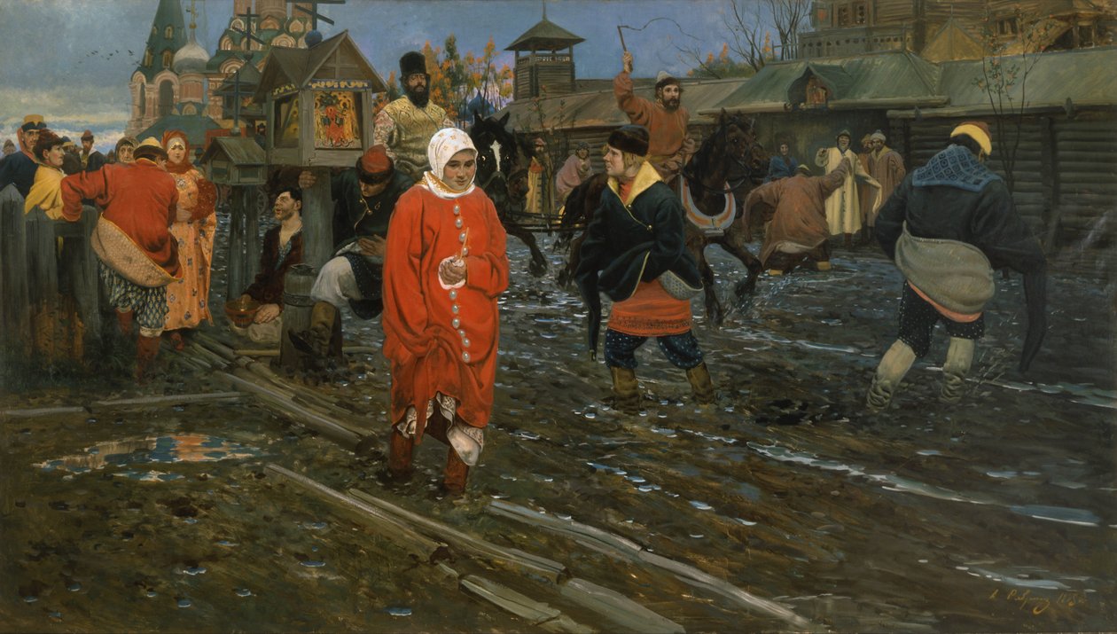 Moskauer Straße im 17. Jahrhundert an einem Feiertag von Andrei Petrovich Ryabushkin