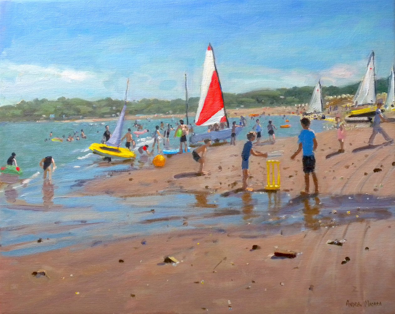 Cricket und rot-weißes Segel, Abersoch, 2011 von Andrew Macara