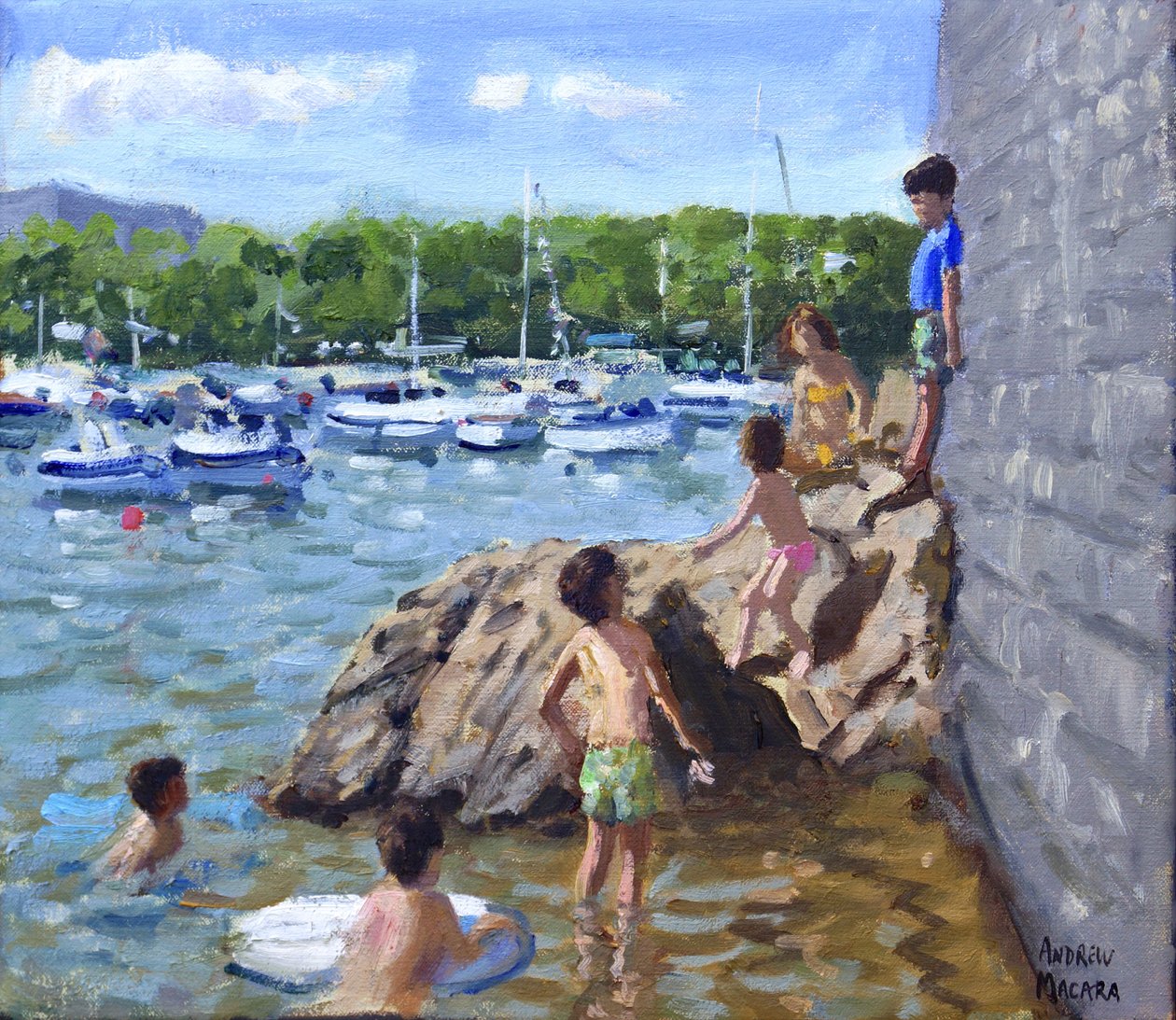 Klettern auf Felsen, Hafen von Tenby, 2016 von Andrew Macara