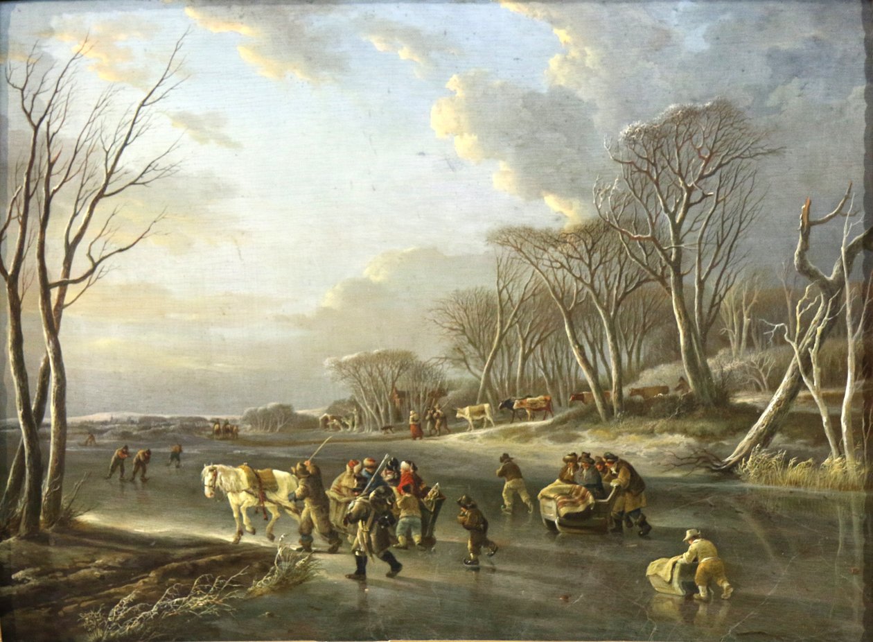 Reisende im Schlitten auf einem Fluss in Holland von Andries Vermeulen
