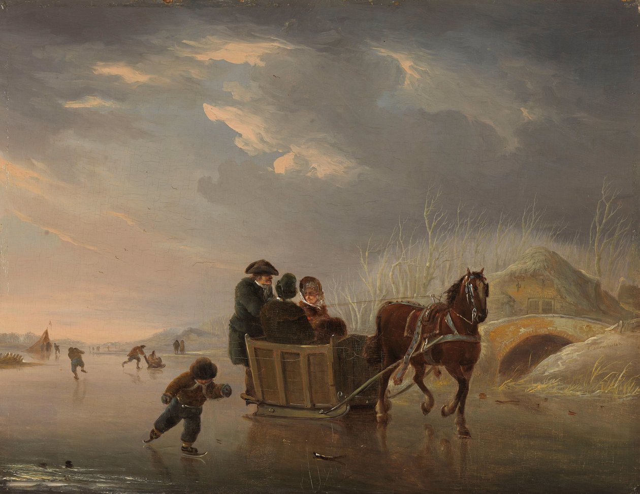 Winterszene (Pferdeschlitten auf dem Eis) von Andries Vermeulen