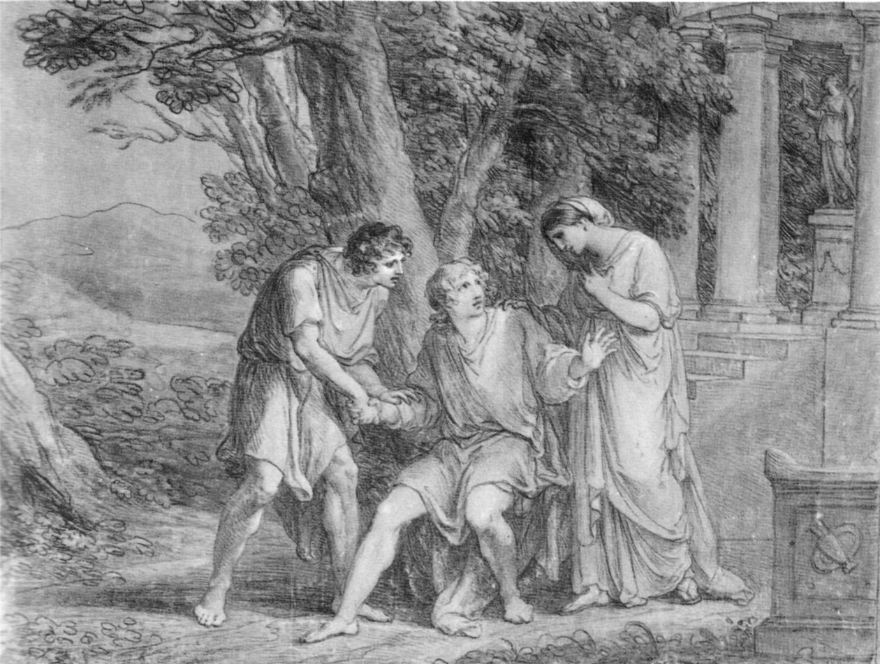 Akt drei, Szene drei aus Goethes Iphigenie auf Tauris. Zeichnung. Premiere der endgültigen Version des Stücks in Weimar 1802. Goethe, der Orestes spielt, sitzt in der Mitte von Angelica Kauffmann