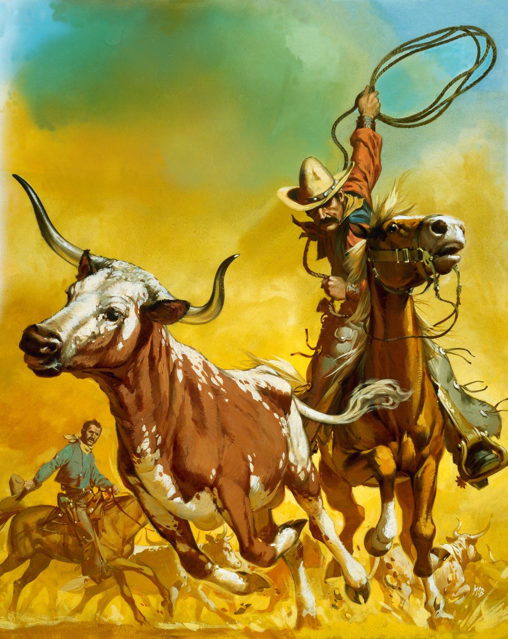 Cowboy beim Lassowerfen von Rindern von Angus McBride