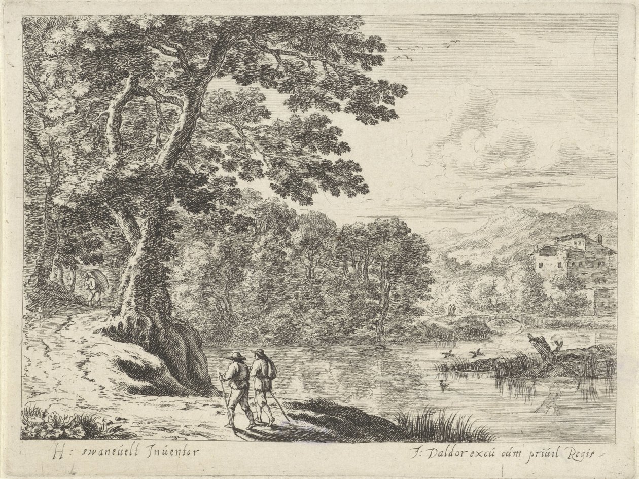 Landschaft mit einem Hausierer und Spaziergängern von Anonymous