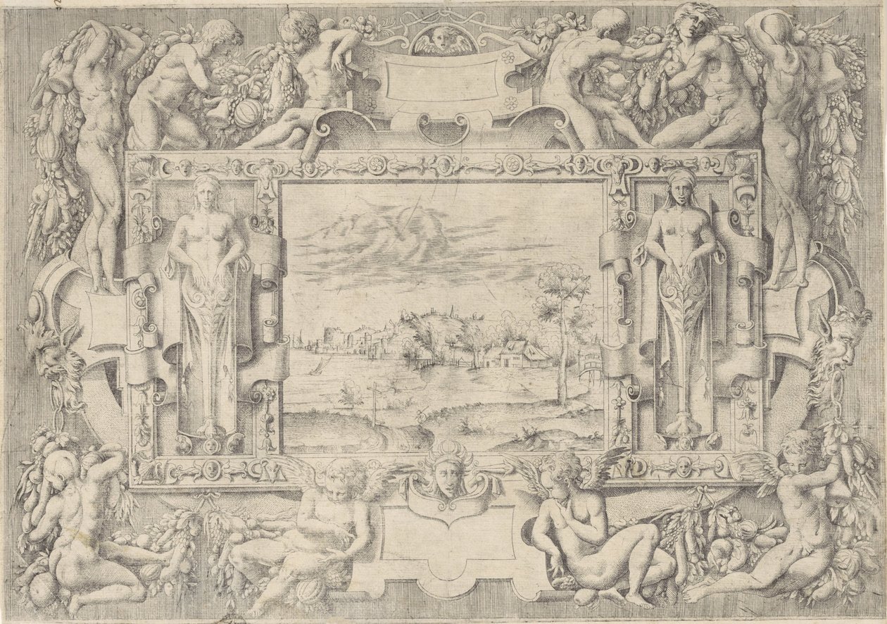 Flusslandschaft in ornamentaler Umrahmung von Anonymous