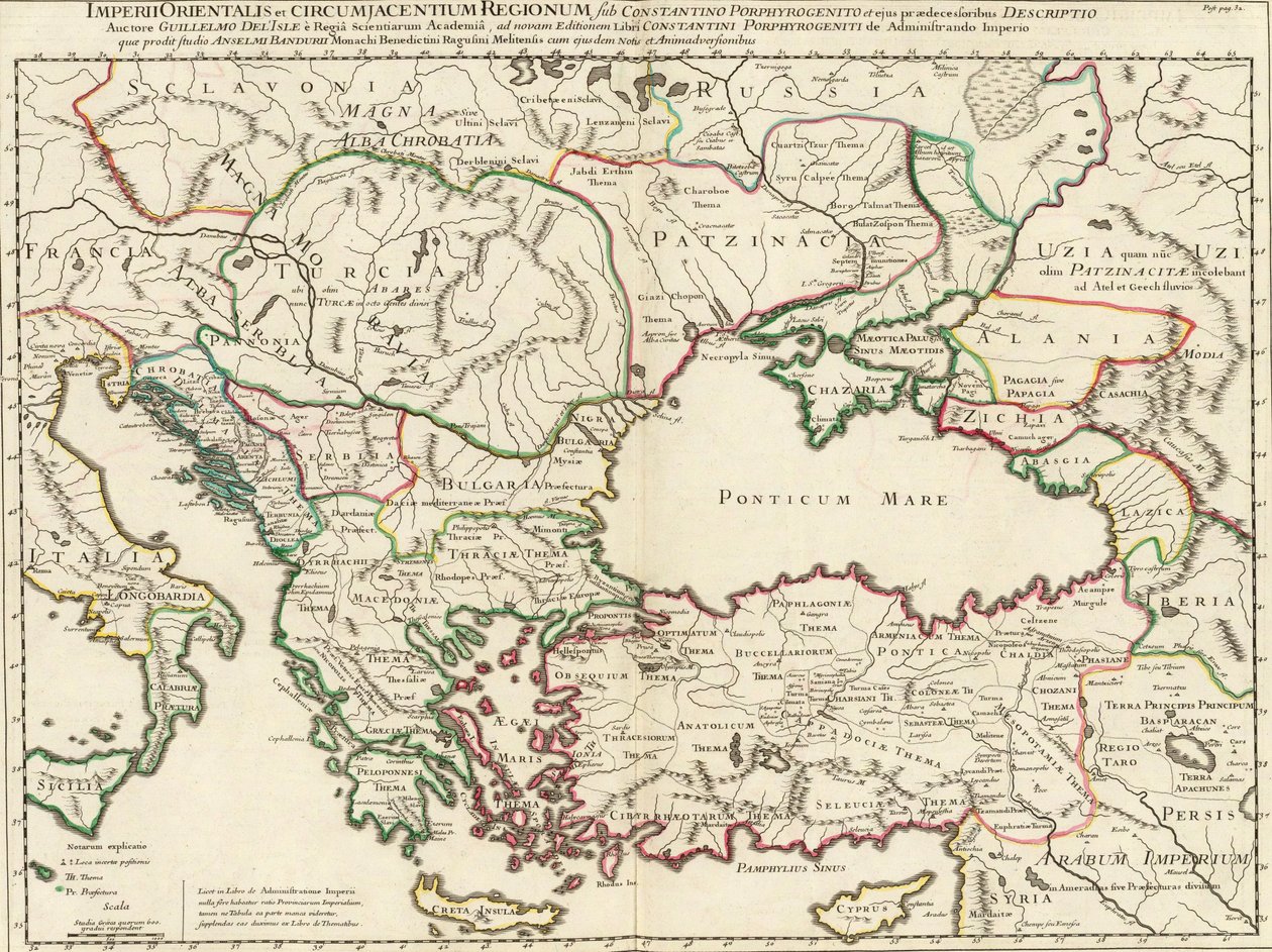 Karte des Oströmischen Reiches und der angrenzenden Regionen zur Zeit von Konstantin VII. Porphyrogennetos und seinen Vorgängern (d.h. 8.-9. Jahrhundert) von Anselmo Maria Banduri