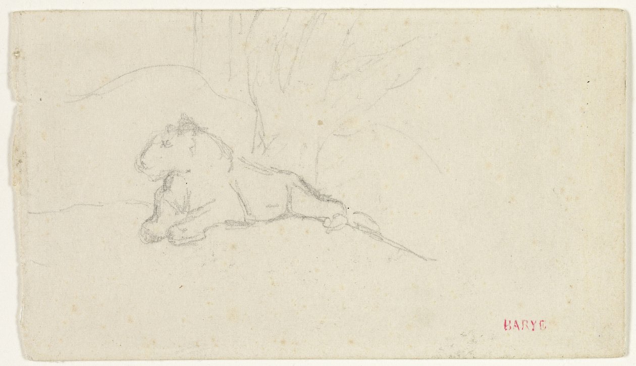 Löwin, die in der Nähe eines Baumes liegt von Antoine Louis Barye