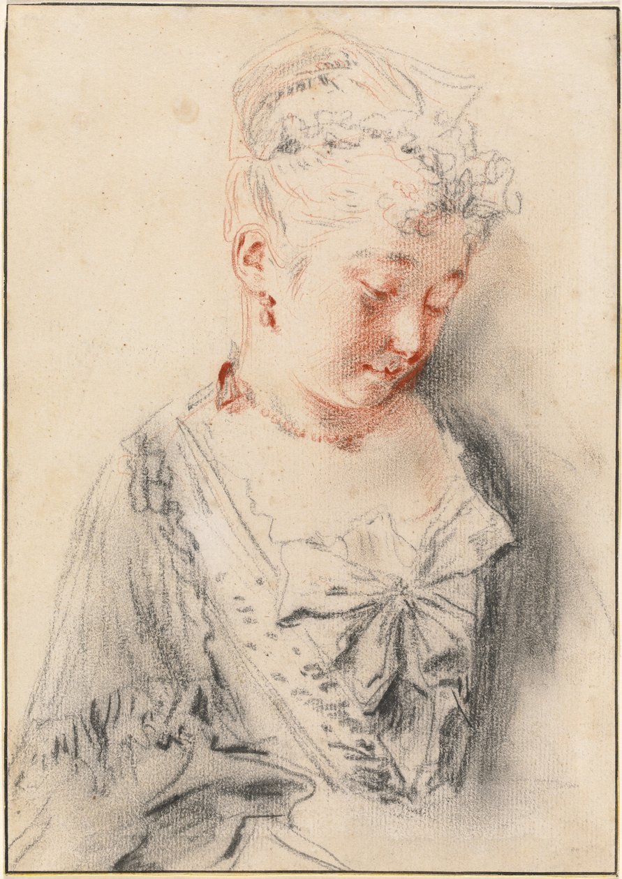 Sitzende Frau, die nach unten schaut von Antoine Watteau