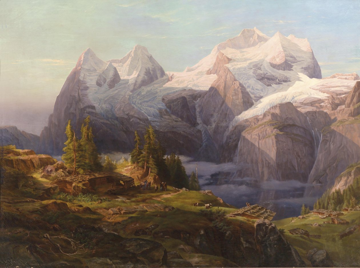 Blick in das Berner Oberland mit Mönch, Eiger und Jungfrau, im Vordergrund figürliche Staffage von Anton Hansch