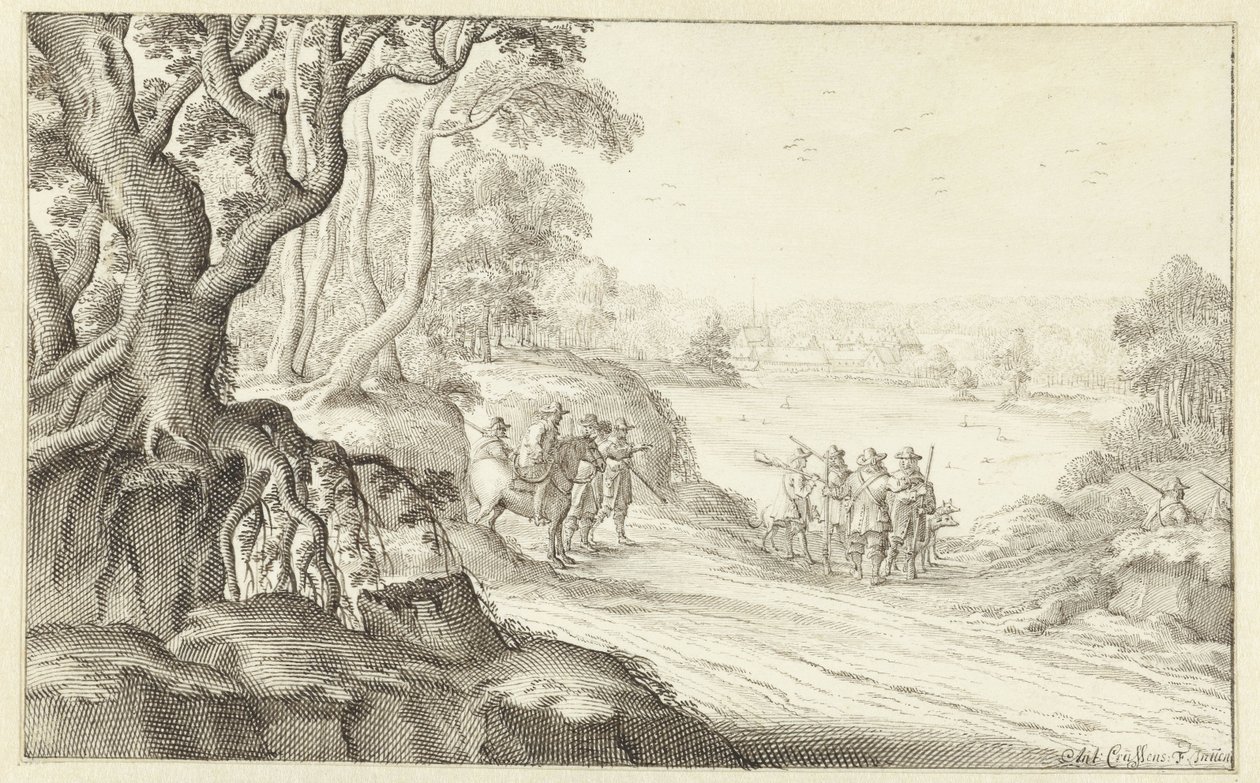Jäger in einer hügeligen Landschaft von Anton Crussens
