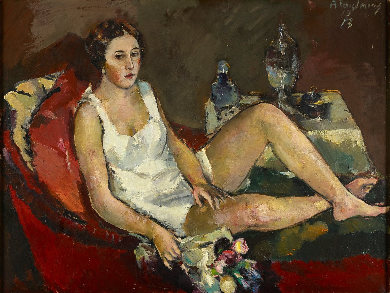 Junge Frau auf rotem Sofa von Anton Faistauer