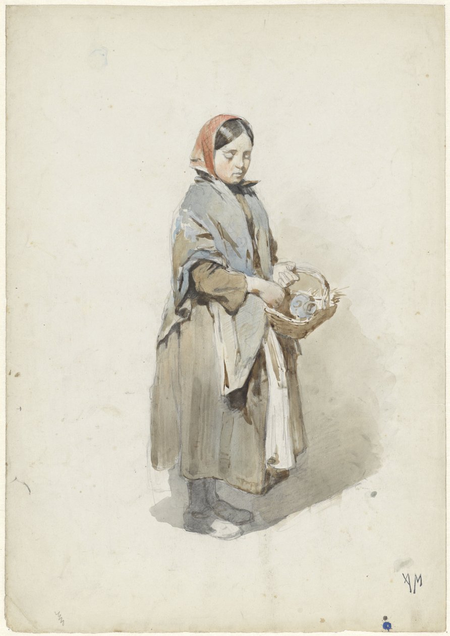 Stehende Frau mit Kopftuch und Korb von Anton Mauve