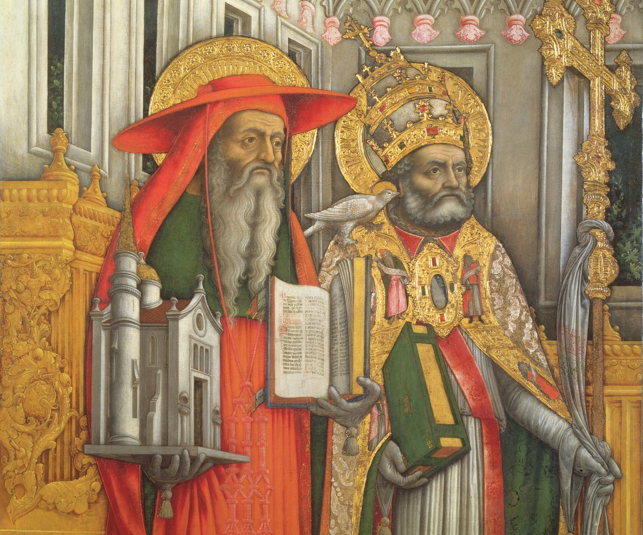 St. Hieronymus und St. Gregor, Detail des linken Panels von Die Jungfrau auf dem Thron mit den Heiligen Hieronymus, Gregor, Ambrosius und Augustinus, 1446 (nach der Restaurierung) von Antonio Vivarini