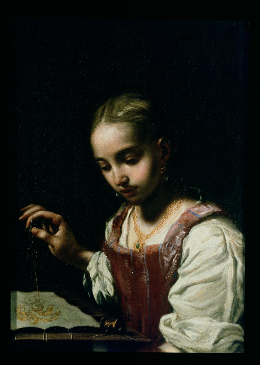 Ein Mädchen beim Nähen von Antonio Amorosi