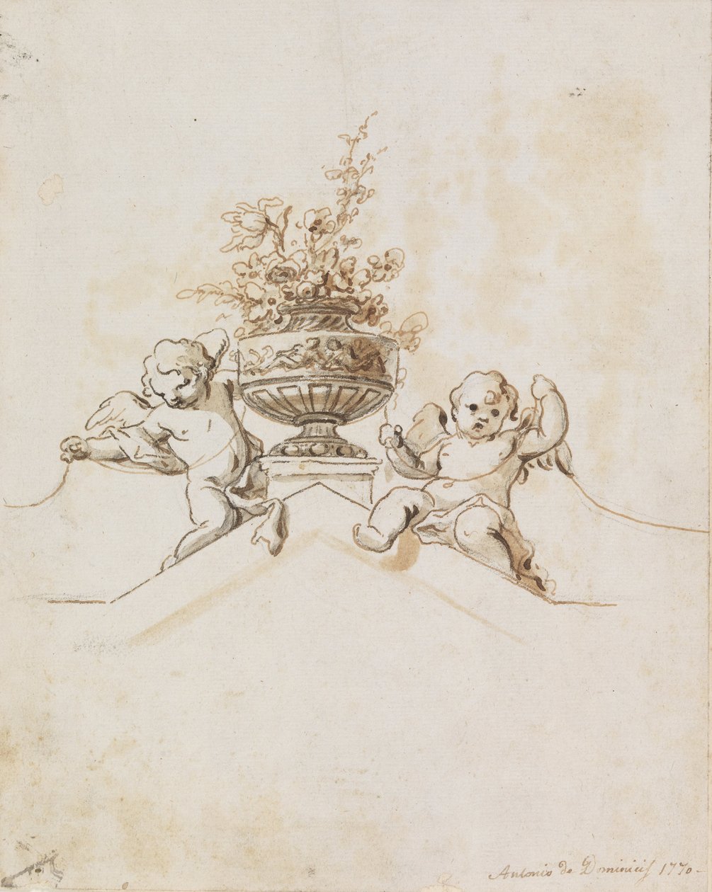 Studie für eine Wandmalerei: Zwei Putti neben einer Vase mit Blumen von Antonio di Dominici