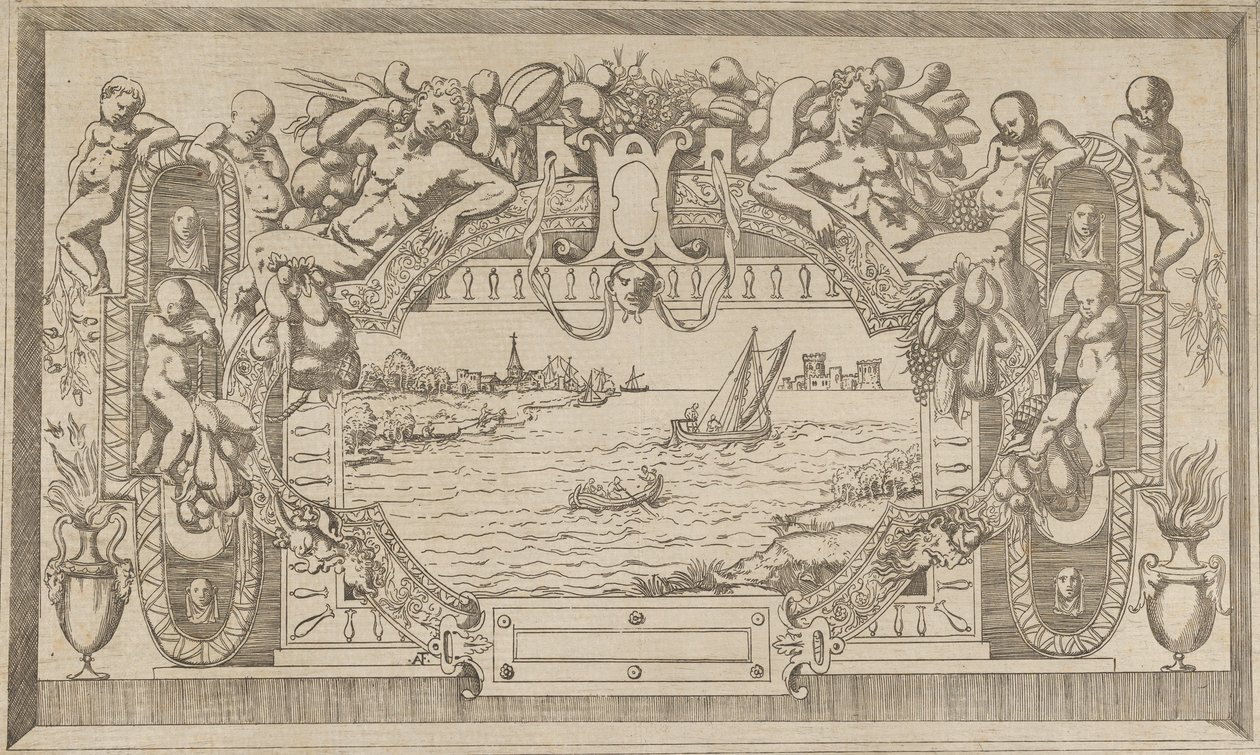 Landschaft mit Zierrahmen, ca. 1543 von Antonio Fantuzzi