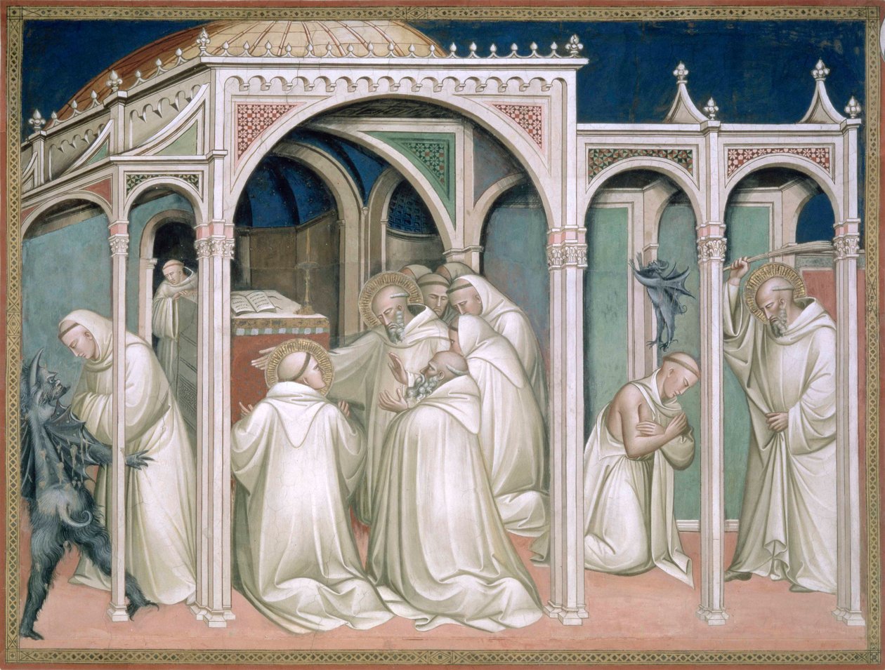 Der Heilige befreit einen besessenen Mönch, Detail aus dem Leben des Heiligen Benedikt, in der Sakristei, 1387 von Aretino Luca Spinello or Spinelli