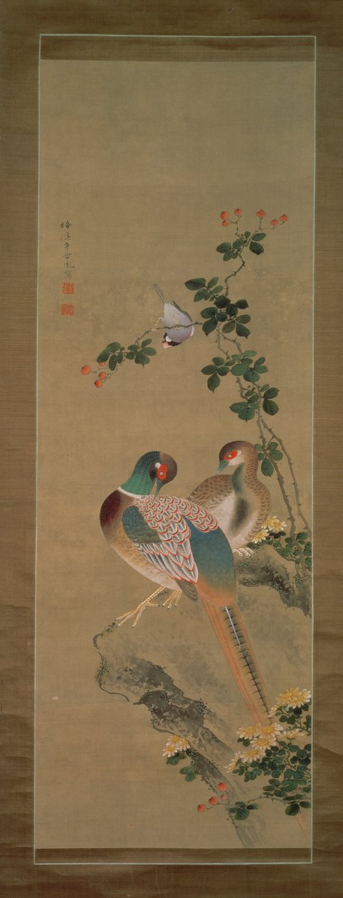 Fasan, Gimpel, Blumen und Felsen, ca. 1800 (Tinte und Farben auf Seide) von Ariwara Baikei