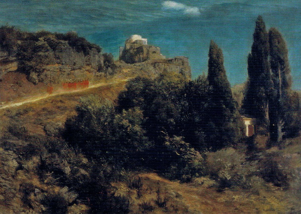 Bergschloss mit Kriegerzug von Arnold Böcklin