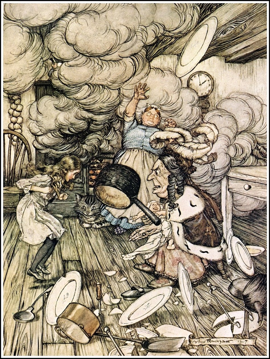 Alice im Wunderland - Eine ungewöhnlich große Pfanne flog dicht vorbei und hätte sie fast mitgenommen von Arthur Rackham
