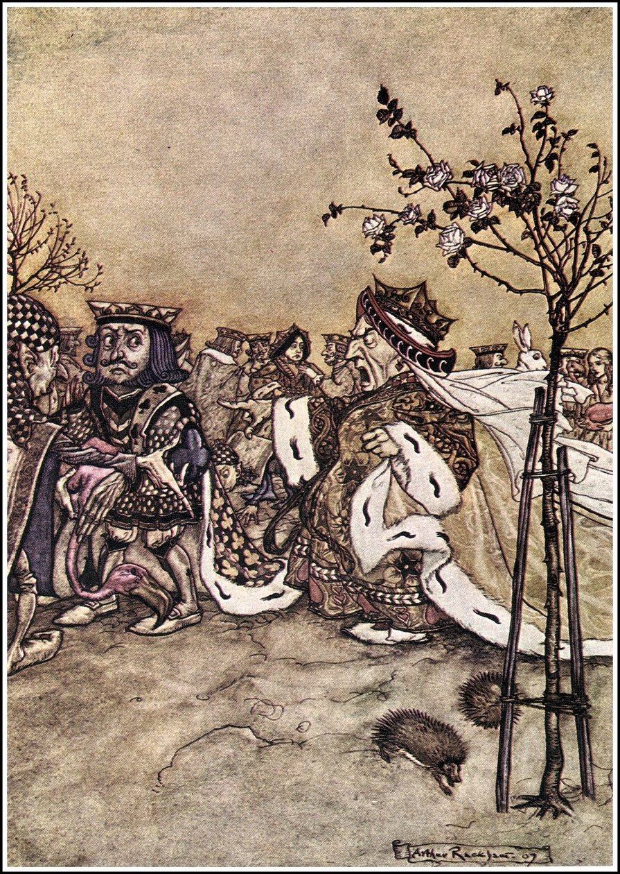 Alice im Wunderland - Die Königin hörte nie auf, mit den anderen Spielern zu streiten und zu rufen: Kopf ab! oder: Kopf ab! von Arthur Rackham