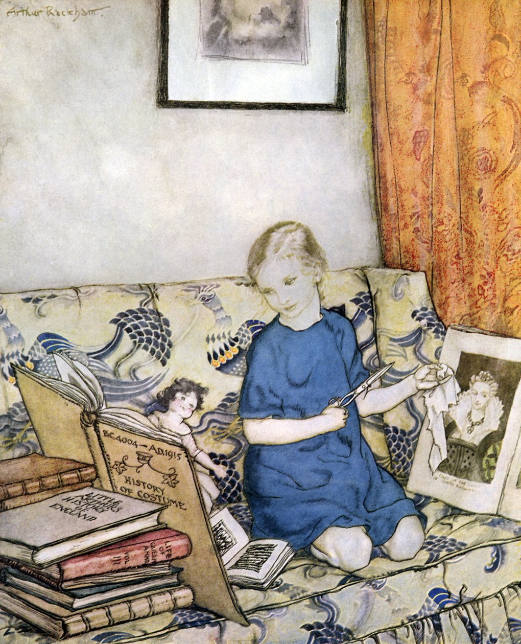 Mädchen macht ein Kostüm von Arthur Rackham