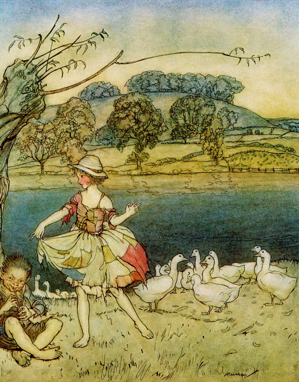 Tattercoats tanzt, während der Gänsehirte pfeift, aus Englische Märchen nacherzählt von F.A. Steel, 1927 von Arthur Rackham