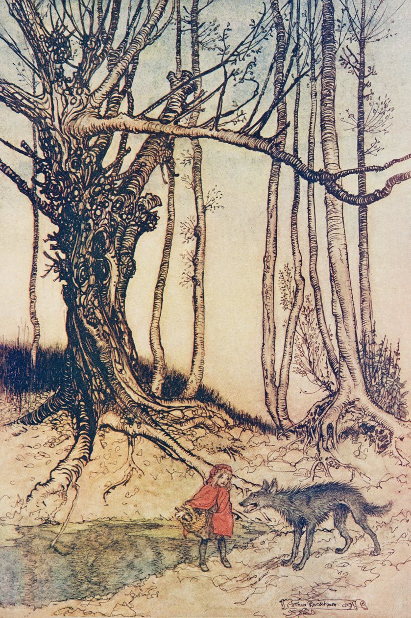 Als sie in den Wald kam, traf sie einen Wolf (aus den Märchen der Brüder Grimm) von Arthur Rackham