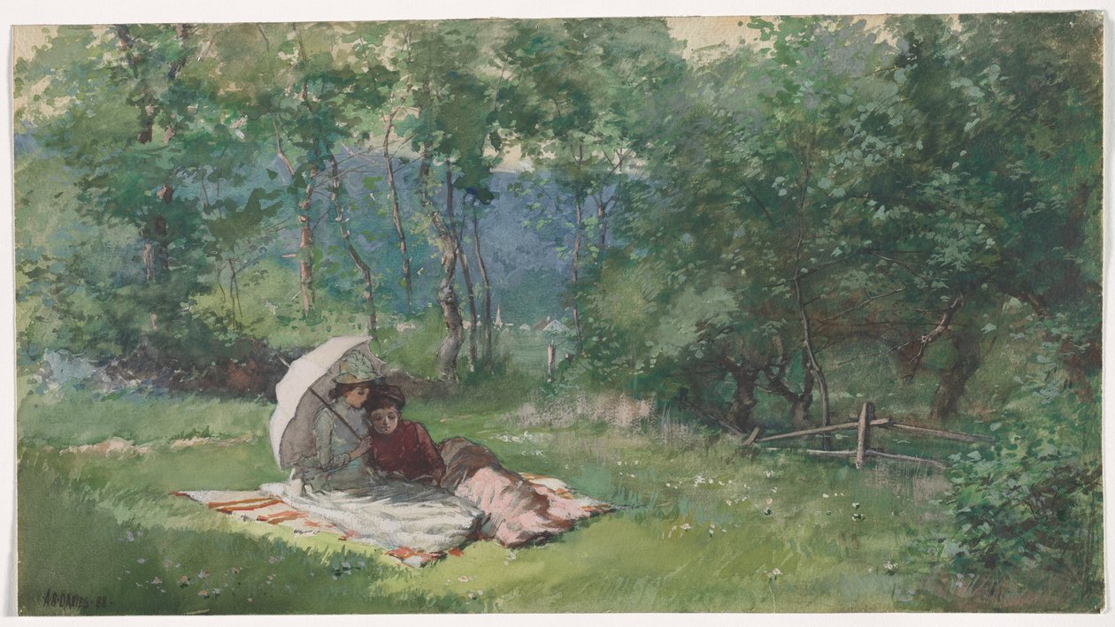 Zwei Frauen lesen auf einem Feld von Arthur Bowen Davies