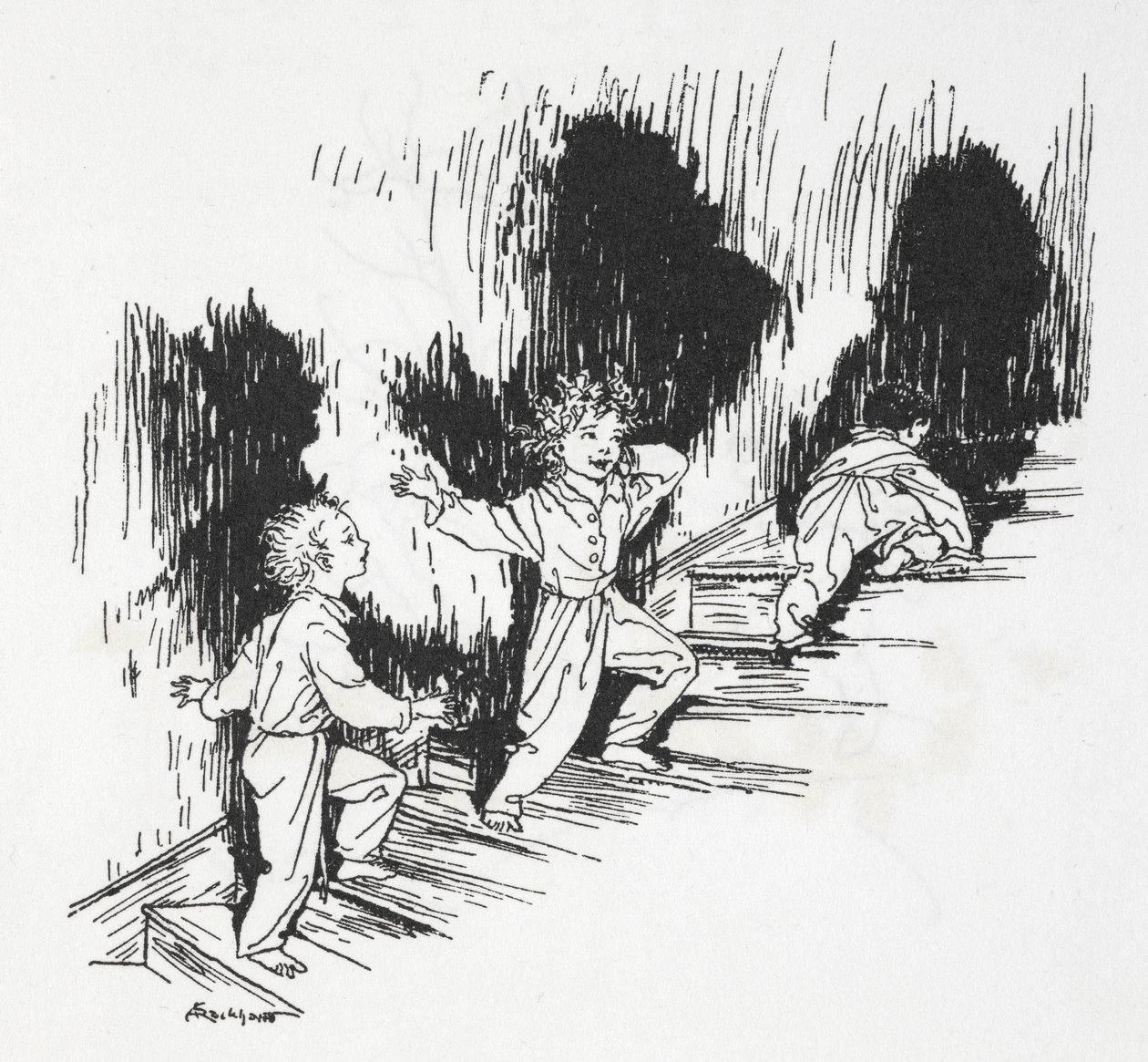 Kinder schleichen nachts die Treppe hinauf von Arthur Rackham