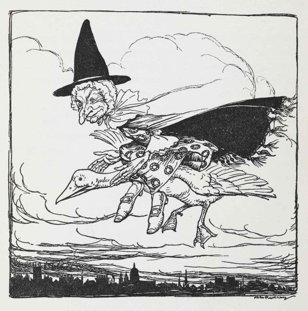 Mutter Gans fliegt auf einer Gans von Arthur Rackham