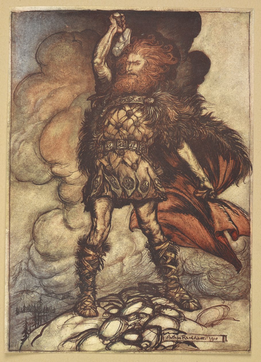 Thor erhebt seinen Hammer. von Arthur Rackham