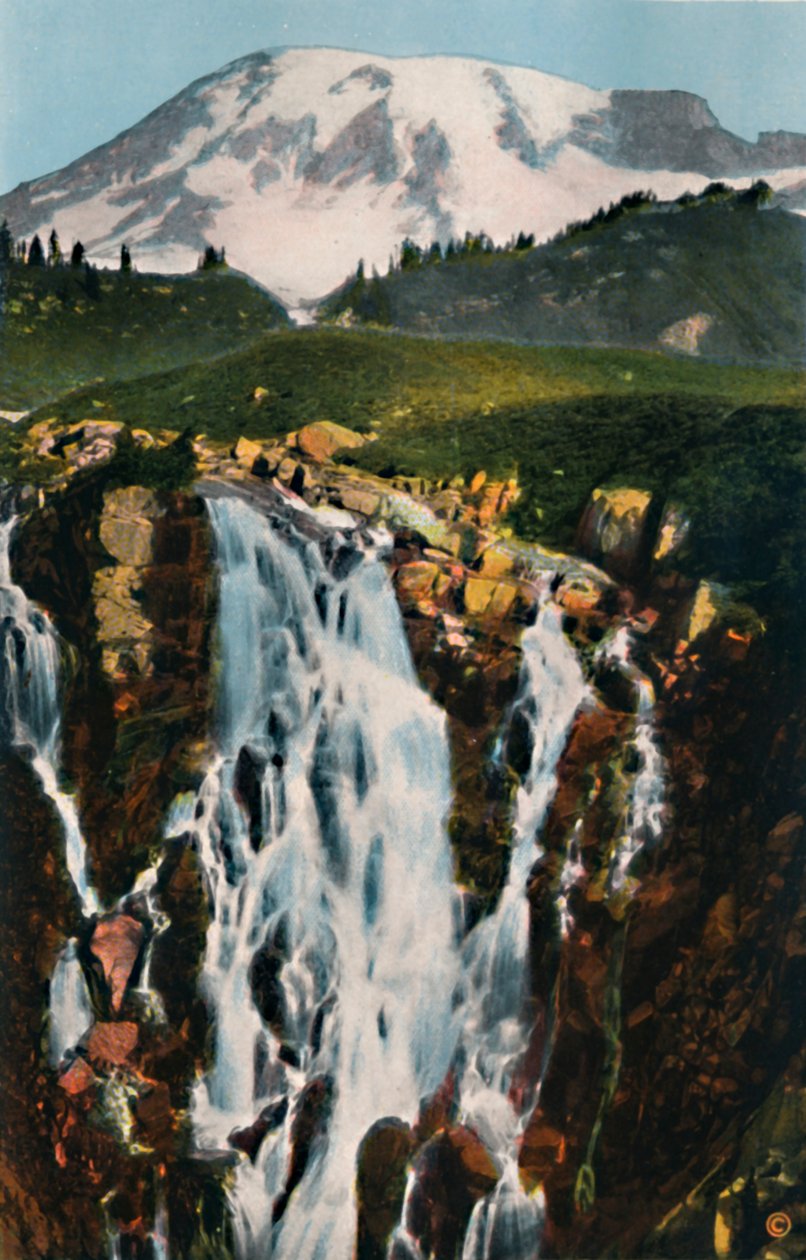 Myrtle Falls und Mount Rainier, ca. 1916 von Asahel Curtis