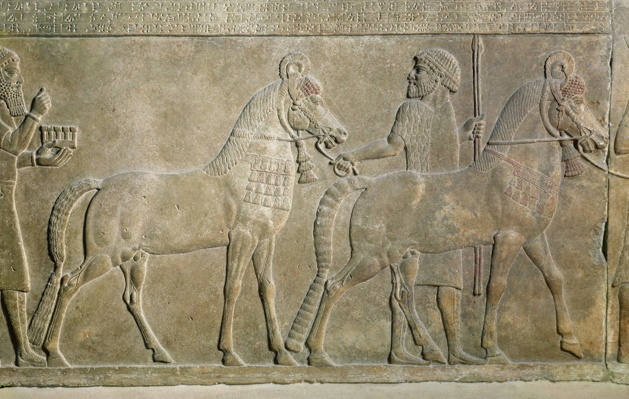 Relief, das die Tributpflichtigen von Sargon II. darstellt, aus dem Palast von Sargon II. in Khorsabad, Irak von Assyrian