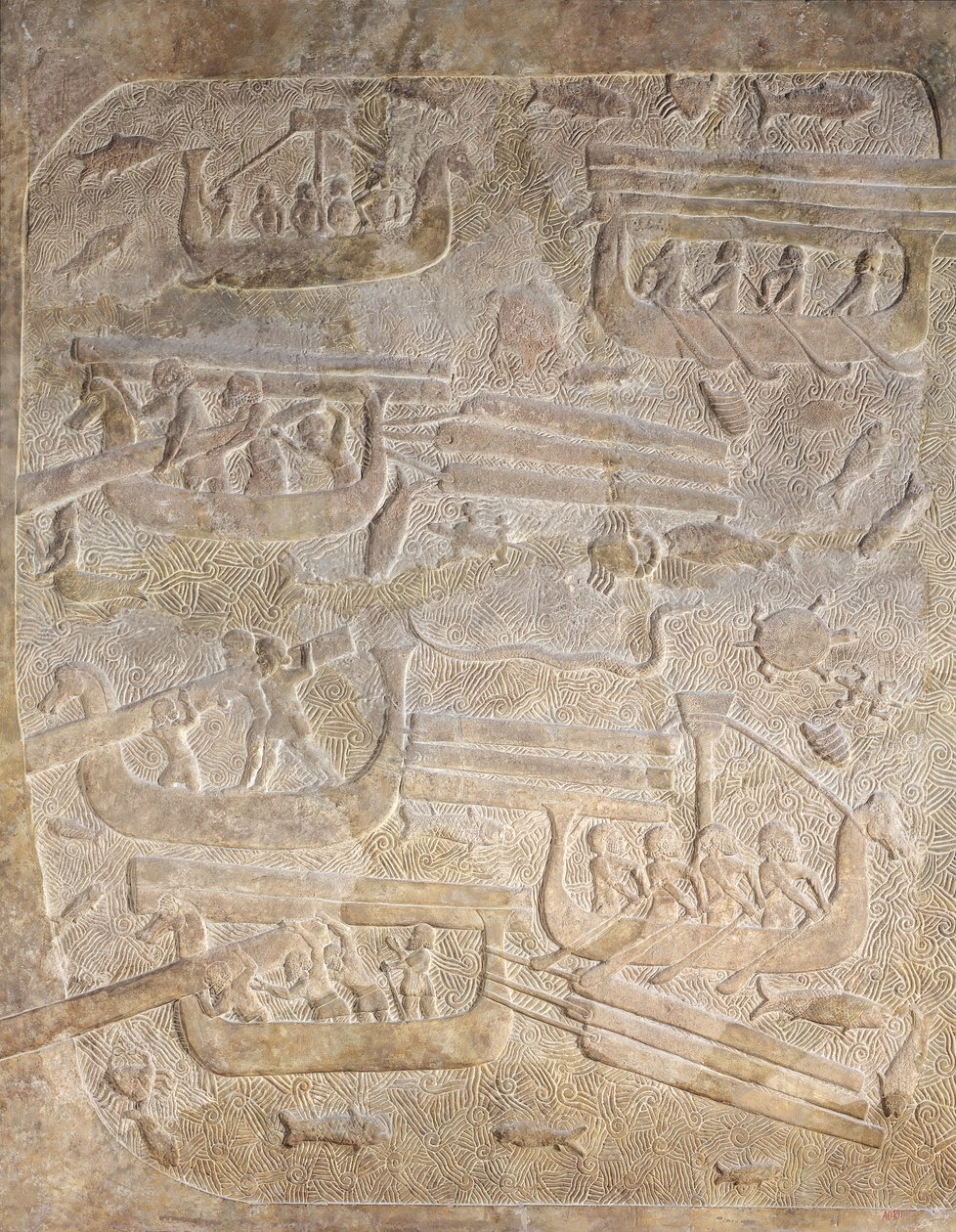 Relief, das das Entladen von Holz nach dem Transport auf dem Seeweg darstellt, aus dem Palast von Sargon II, Khorsabad, Irak von Assyrian